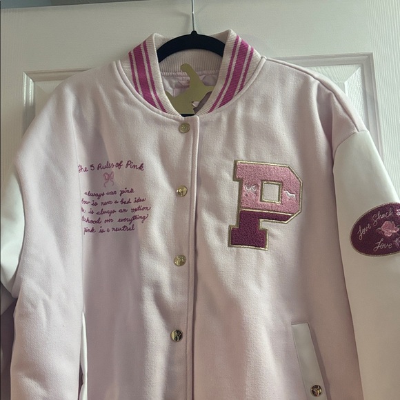 🎀 NWT  XL 🎀 PINK x Love Shack Fancy Reissued Varsity Jacket MSRP $199.95 - Picture 3 of 6